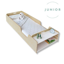 Load image into Gallery viewer, APPLE JUNIOR - Montessori Floor Bed with Rails &amp; Shelves